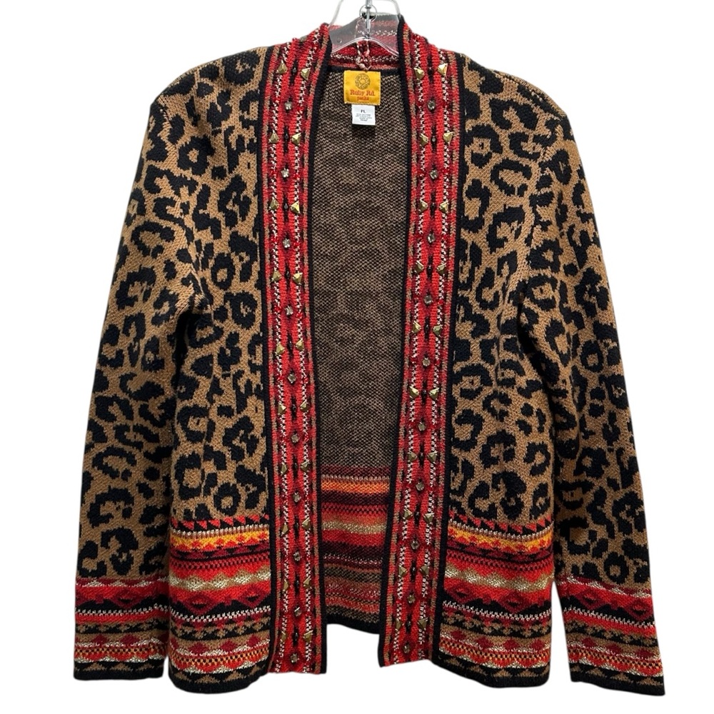 New Open Cotton Blend Cardigan Leopard and Multicolor Print w/ Beads - PL